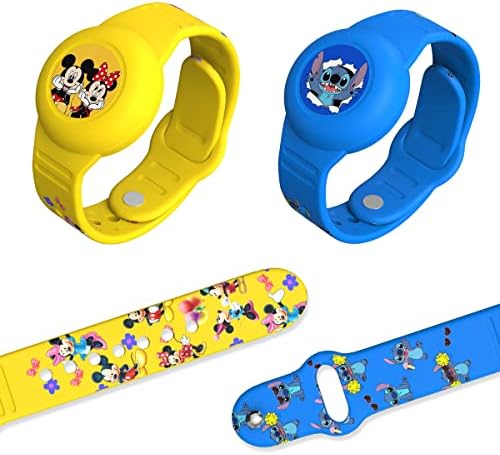 [2Pack] AirTag Kids Bracelet, Cartoon Kid Air Tag Wristband Adjustable Hidden Watch Band Air Tag Holder for Apple Air Tag, Cute Soft Silicone Anti-Lost Waterproof Air Tag Case for Kids (Blue+Yellow)
