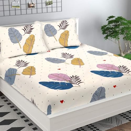 Image of Prime Collection - 180 TC Glace Cotton Double Bed Bedsheet Set (90x90 Inches) with 2 Pillow Covers | Luxuriously Soft & Gentle on Skin (Beige Leaf)