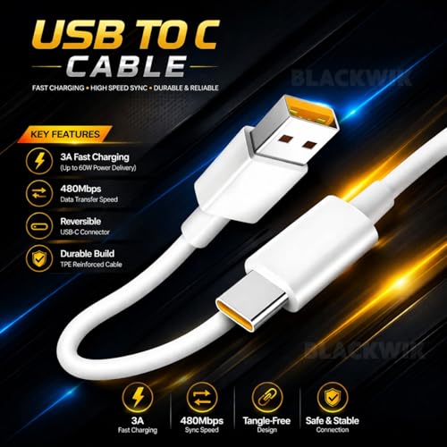Image of Blackwik 100W Support SuperVOOC /SuperDart USB to Type C Fast Charging Cable Compatible with Realme 12 Pro+, 11 Pro+, 11, 10, 9 Pro, Narzo 60 Series, XT (65W Dart Support, White, Durable)