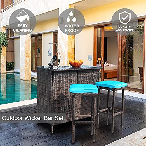 Polar Aurora 3Pcs Patio Bar Set With Stools And Glass Top Table Patio Wicker Outdoor Furniture With Blue Removable Cushions For Backyards, Porches, Gardens Or Poolside #TOP2