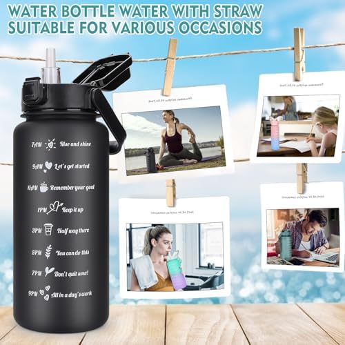 AOHAN 2 szt. bidon na wodę 2 l + 750 ml, motywacyjna butelka na wodę, bez BPA, sportowa butelka na wodę z oznaczeniem czasu, szczelna butelka na napoje do szkoły, biura, na wędrówki, fitness, czarna,
