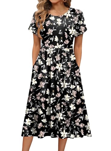 HOTOUCH Women's Short Sleevee Dress Flowy Midi Beach Sundress Crewneck Loose Summer Dress Aline Swing Shift Dress Travel Dress Holiday Dress
