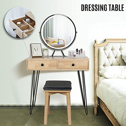 YOURLITE Vanity Makeup Table Set with Touch Screen Adjustable Lighted Mirror Iron Frame Cushioned Stool 3 Lighting Modes 2 Drawers Angle-Adjustable Mirror with Free Make-Up Organizer