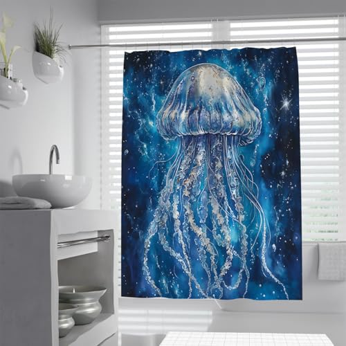 FEIPUHOME Art Blue Fabric Shower Curtain for Bathroom Decor Water-Repellent and Washable Jellyfish Ocean Animals Patterns Shower Curtains with Hooks W200xL200(cm)
