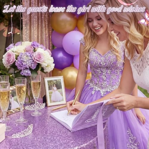 Image of Panelee Velvet Quinceanera Guest Book with Pen Purple Sign in with Bow 15 Year Anos Quince Book 144 Page Signature Guest Sign in Keepsake Album for Birthday Party Keepsake Gift