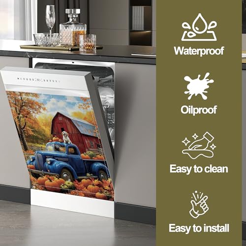 Image of Dishwasher Magnet Cover,Blue Truck Dishwasher Cover Magnetic Pumpking Leaves Home Appliances Refrigerator Decorative 23 inch x 26 inch