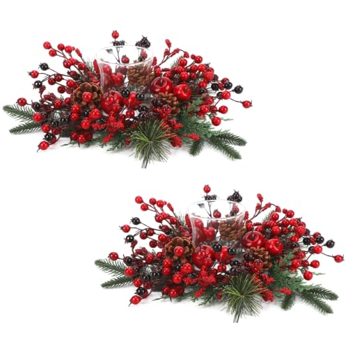 LemonRoad 2 Pack Large Christmas Centerpieces Faux Cedar Berry Glass Hurricane Candle Holders Artificial Red Pinecones Apples Holiday Tabletop Decor for Christmas Table Mantel Entryway Living Room