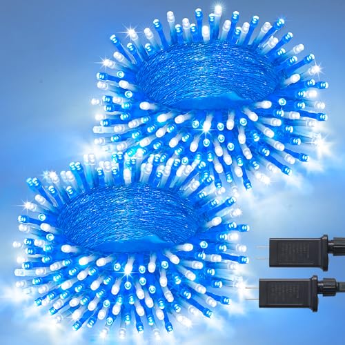 JMEXSUSS 2 Pack 100 LED Blue and White Christmas Lights