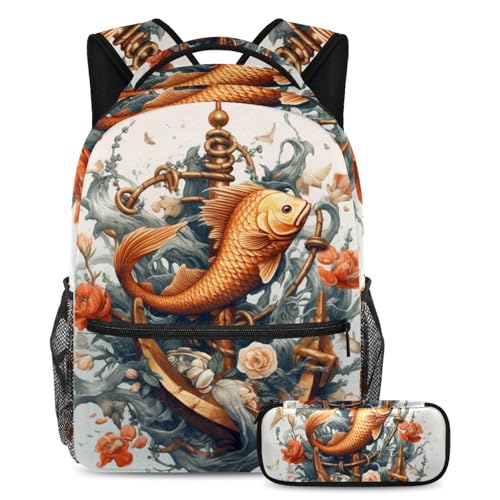 Carpe rouge vintage sac à dos au design traditionnel chinois ensemble complet 12 pièces