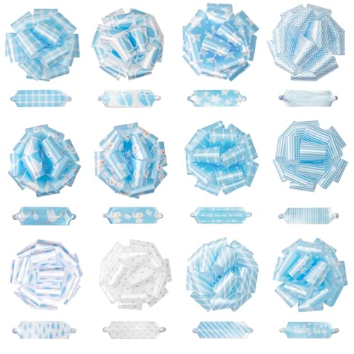 RUSPEPA Baby Pull Bow for Gift Wrapping - Baby Boy Blue Design for Birthday, Baby Shower, Holiday, Party - 5", Total of 24 Bows