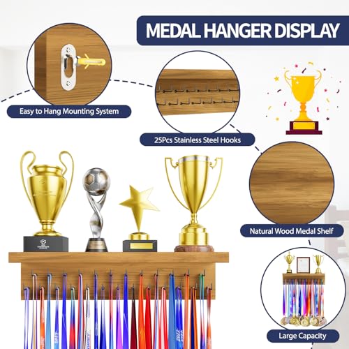 Image of Medal Holder Display Trophy Shelf Organizer, Sturdy Wooden Race Award Hanger Rack with 25 Steel Hooks, Wall Mount Storage Stand for Sports Fans, Cheer Success