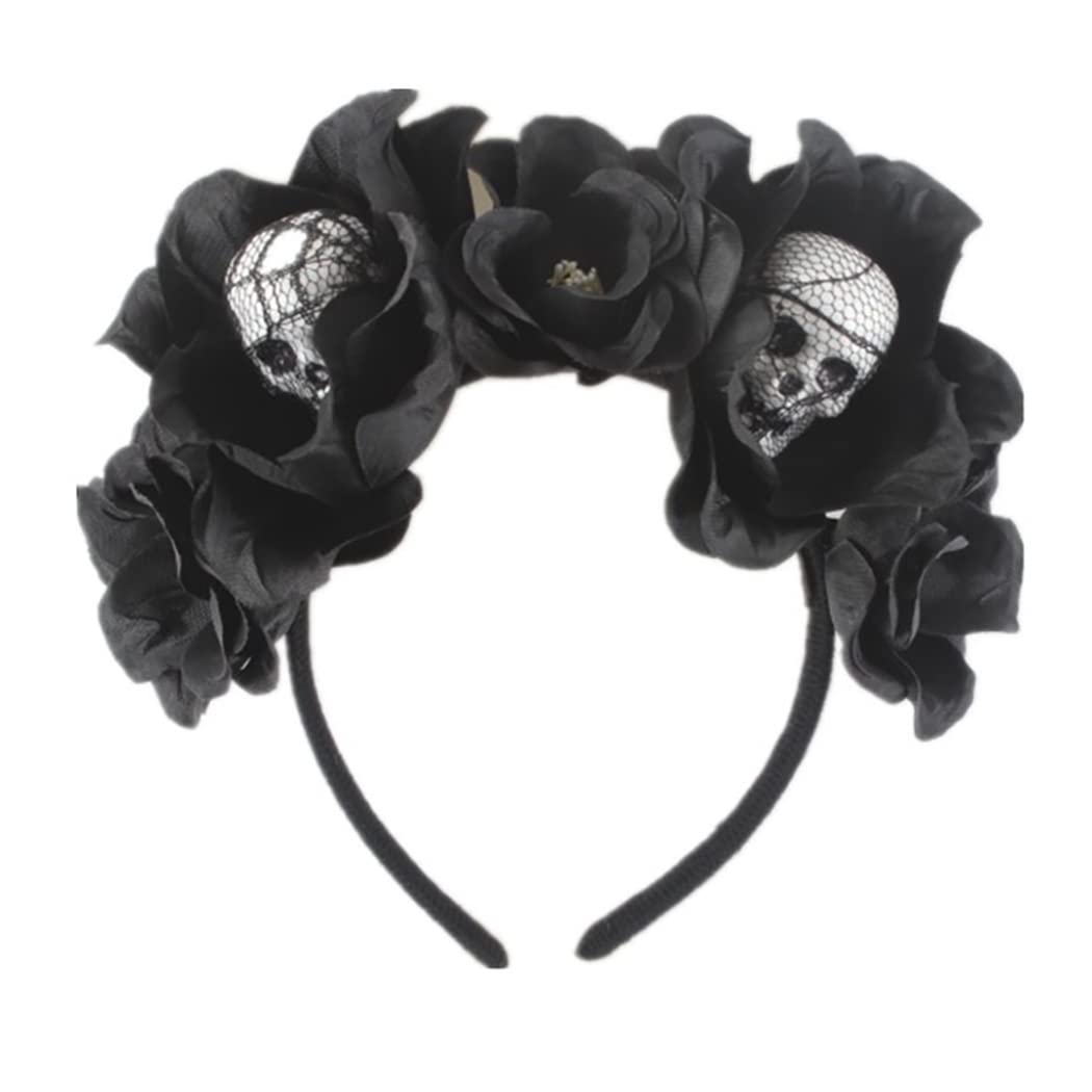 JEAIRTS Halloween Rose Veil Headband Skull Hair Band Black Flower Crown Day of The Dead Headpiece Gothic Costume Accessories (1-Skull Headband)