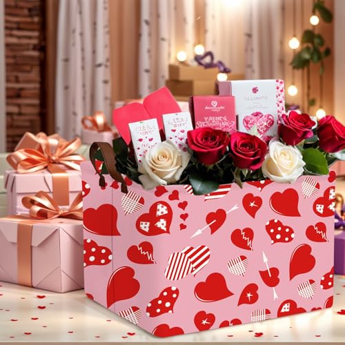 Image of Cute Large Valentine's Day Gift Basket Empty Heart Decor Storage Bin for Kid Baby Room Decor (Striped Red Heart)