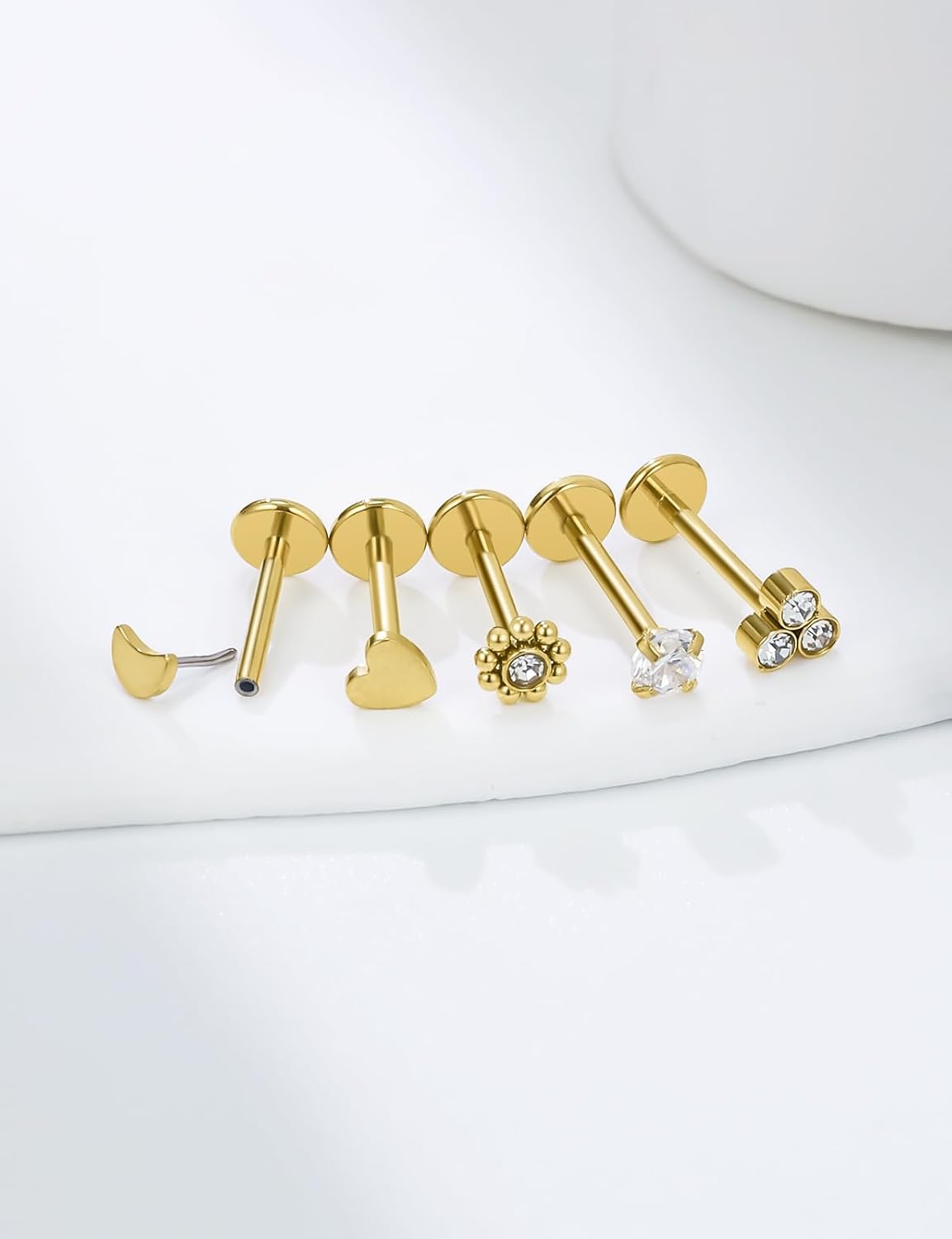 14K Gold Filled 20G 18G 16G Threadless Flat Back Earrings Studs Surgical Stainless Steel Clear CZ Push In Nose Rings Studs Tragus Helix Conch Cartilage Earrings Piercing Jewelry For Women Men - Image 5