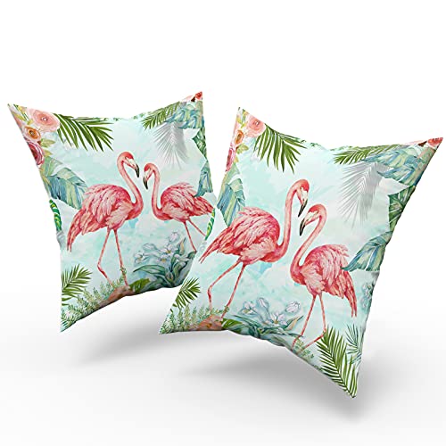 Flamingos Throw Pillow Cover Set Of 2, Tropical Leaves Flowers Bird Pillowcase Soft Cotton Home Decorative Pillow Cases 18 X 18 Inch Double Sided Cushion Covers For Indoor Outdoor Bedroom And Car #TOP1