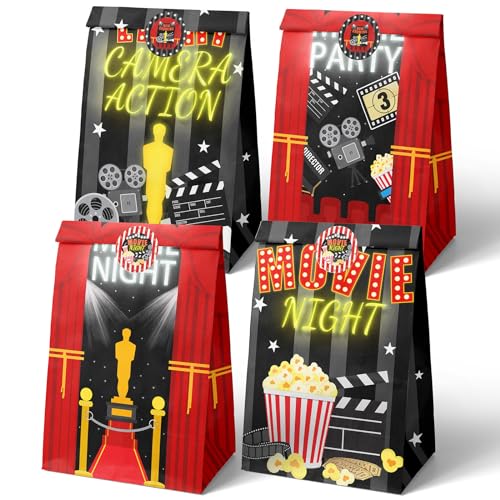 HaPiBiDesign Movie Night Party Favor Bags - 24 Pcs Candy Bags with Stickers - Themed Birthday Party Supplies