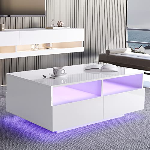 St.Mandyu LED Coffee Table with Storage Drawers, Modern High Glossy Center Table with 20 Colors LED Lights for Living Room, White St.Mandyu LED Coffee Table with Storage Drawers, Modern High Glossy Center Table with 20 Colors LED Lights for Living Room, White