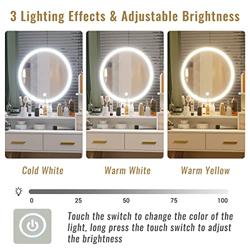 Tiptiper Vanity Mirror with Lights and Table Set, Makeup Vanity with 3 Color Lighting Modes & Touch Screen, Vanity Desk with Nightstand and Open Shelves, Vanity Table with Storage Drawers