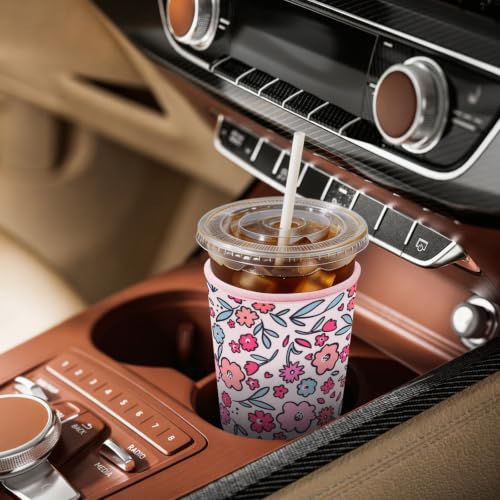 Image of Insulated Neoprene Cup Sleeve for Iced Coffee & Cold Soda - Reusable & Sweatproof, Keeps Drinks Cold Longer, Coffee Coolie for Hot & Iced Drinks (Pink Garden, Small: 16-18oz)