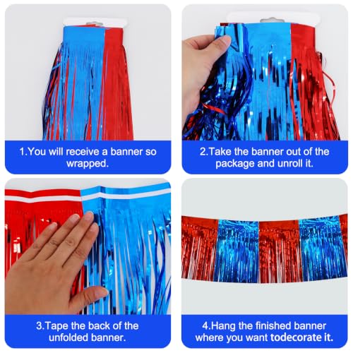Image of BEISHIDA 3 Pack Red Blue Foil Fringe Garland 30ft Wall Tinsel Banner
