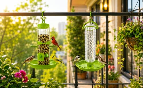 Image of PuraMart Hanging Bird Feeder for Garden, Balcony (1 Litre) | Bird Food Dispenser | 4 Feeding Ports | 360 Perch | Weatherproof Bird Feeding Station | Indoor & Outdoor Use (Combo(1-Water & 2-Feeder))
