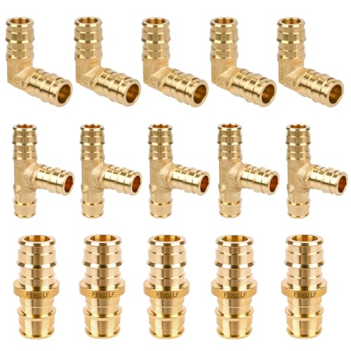 15 pack - 1/2 Inch PEX-A Expansion Fittings, ASTM F1960 Certified Lead-Free Brass Tee, Elbow, Coupling Combo, Compatible with PEX A Pipe Tubing, Full Flow Fitting for Plumbing Water Line, NSF/ANSI 61