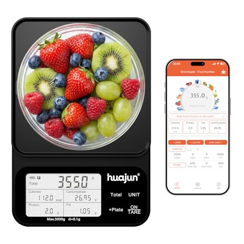 Báscula Cocina Digital con Cálculo de Nutrición, 5 kg/0,1 g, Báscula de Cocina Bluetooth con pantalla LCD, App Smart Scale con 30 Nutrientes, Báscula Nutricional para Dieta, Fitness, Cocina