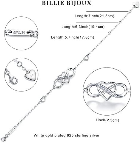 925 Sterling Silver Infinity Bracelet  Billie Bijoux Forever Love Infinity Heart White Gold Plated Diamond Adjustable Bracelet Best Gift for Women Girls