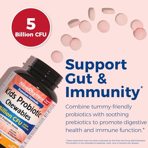 NewRhythm Kids Probiotic Chewables, 5 Billion CFU 10 Strains, with Prebiotic Fiber Inulin & Organic Acacia, Natural Strawberry Flavored, for Digestive & Immune Support, 30 Chewable Tablets — view 2