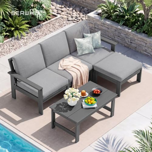 Image of SERWALL HDPE Outdoor Ottoman with Cushions for Outdoo Sofa | Gray Frame & Gray Cushions