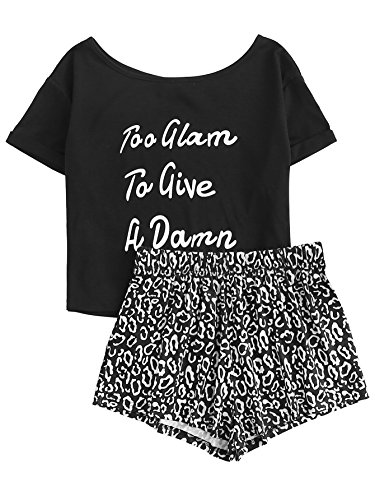 DIDK Women's Cute Cartoon Print Tee and Shorts Pajama Set Letter Black Large