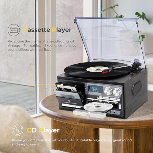Vintage Record Player 9-in-1 Turntable with Built-in Speakers, AM/FM Radio, CD & Cassette Player, Bluetooth USB/SD Playback, Remote Control, Aux & RCA Inputs, Headphone Jack for Music Fans