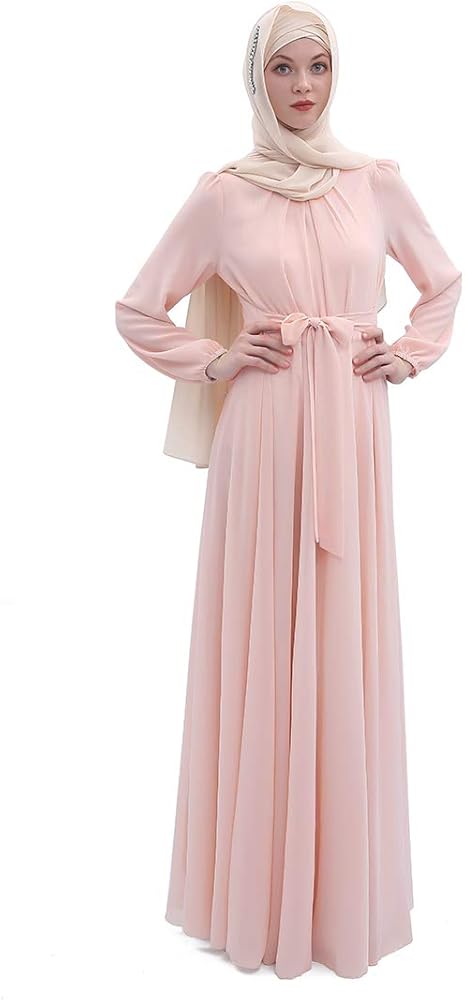 Women's Chiffon Kaftan Abaya Dress Muslim Long Sleeve Self Tie Flowy Maxi Dress Islamic Evening Gown