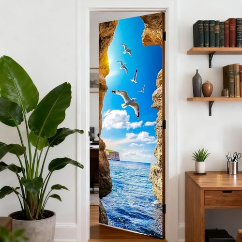 Image of Nuxovilar Coastal Cave Door Stickers Peel Stick PVC 30.3x78.7 in