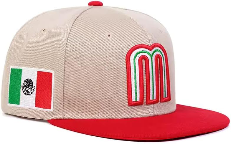 Mexico Snapback Hat with Embroidered Letter M & Mexican Flag, Flat Brim Baseball Cap, Adjustable Fit