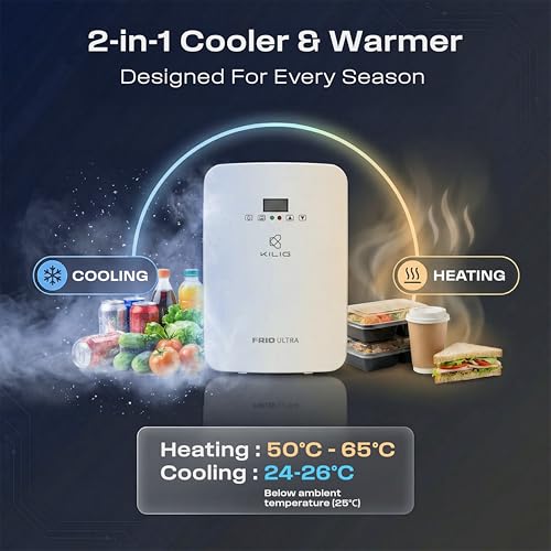 Image of KILIG Frio Ultra Mini Fridge | Portable Cooler & Warmer | 240V AC & 12V DC Power for Home & Car | Smart Temperature Control | Perfect for Food & Beverages, Travel, Skincare, Medicine | White