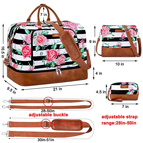 Image of Travel Weekender Bag for Women, Overnight Bag with Shoe Compartment Oversized Travel Duffel Bag Carry On Tote 21 inch, M-Flower Black & White Strips, Large, Weekender Bag