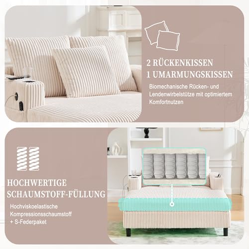 Soweiz Sofa, weicher Chaiselongue-Liegesessel mit seitlichen Getränkehaltern, USB-Anschlüssen, integrierter LED-Ambiente-Beleuchtung – für Wohnzimmer, Schlafzimmer, 142x128x85cm (Beige)