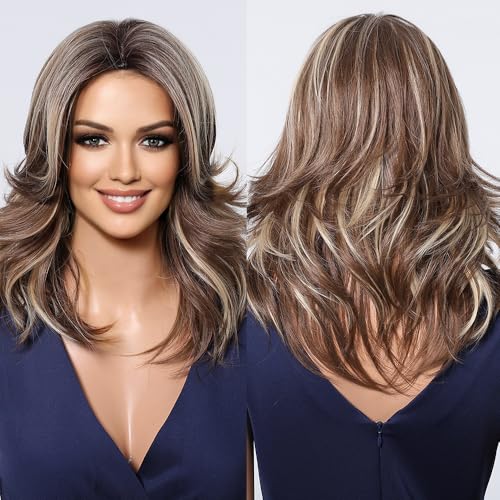 Image of Ash Blonde Wavy Wigs Human Hair for Women, Lace Front Shoulder-Length Bob, Natural-Looking, Heat-Resistant, Lightweight, Ideal for Daily Wear (Brown Mixed Blonde, 20 Inch)