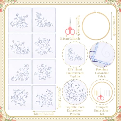 Image of Tioncy 8 Sets Mexican Embroidery Napkins Kit Servilletas para Bordar a Mano Including Mexican Napkin Bamboo Hoop Color Threads and Needles for Beginners Adults DIY Hand Craft Gift(Floral)