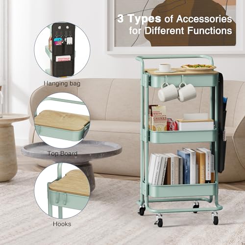 Image of DTK 3-Tier Rolling Cart with Table Top, Metal Utility Cart with Side Bags | Tray Storage Organizer, Lockable Wheels, 4 Hooks, Art Cart for Kitchen, Bathroom, Office, Craft room, Living room, Green
