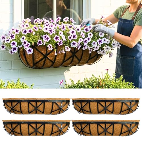 LaLaGreen 30 Inch, 4 Pack Window Boxes Planters – Black Metal Window Boxes for Outdoor Plant, Wall Mount Flower Pot with Coco Coir Liner, Attach to House Fence Balcony Herb for Patio Porch Garden