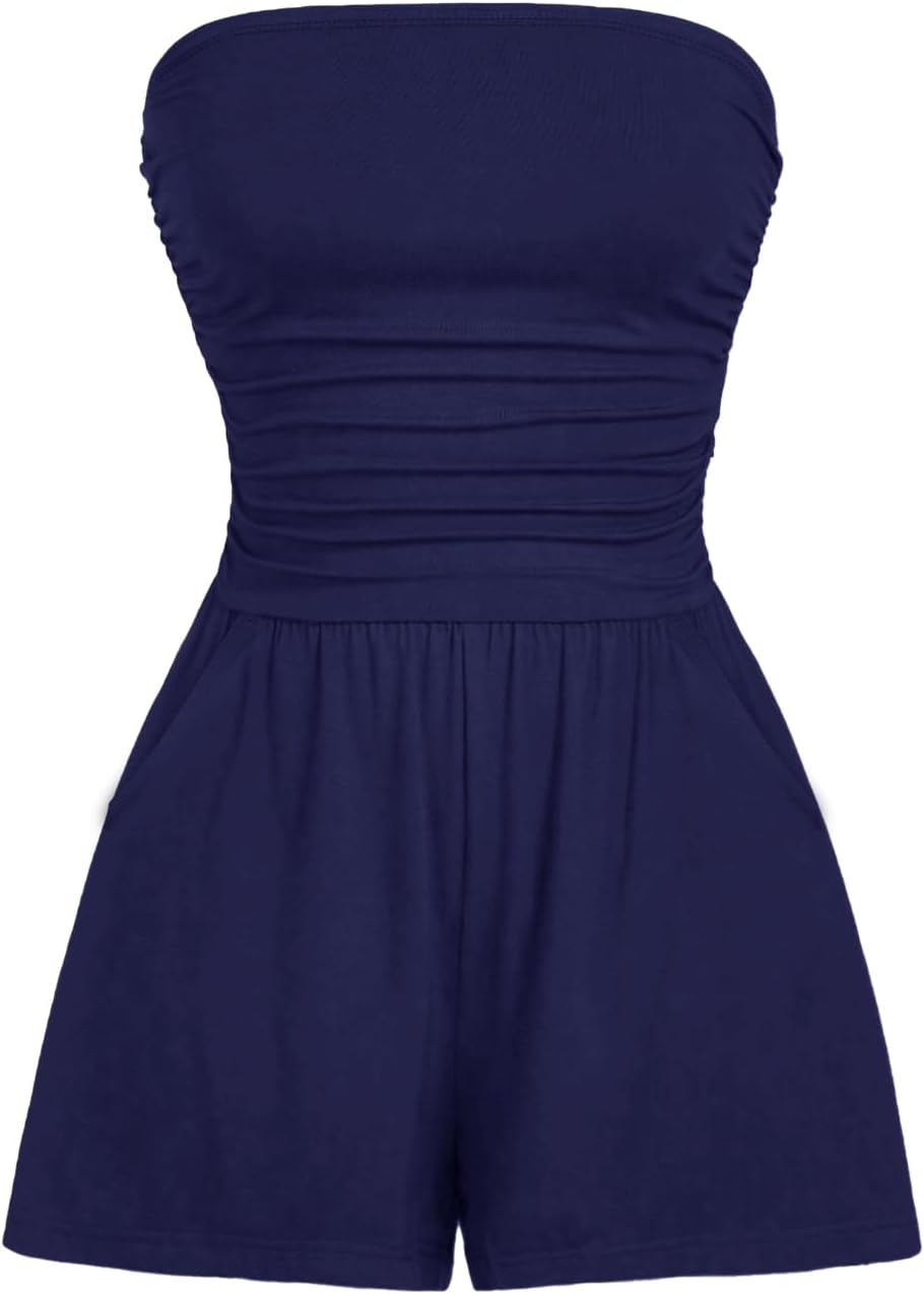 AUXDIO Women Summer Casual Strapless Romper Sleeveless Off Shoulder Short Jumpsuits 2026 Beach Vacation Clothes