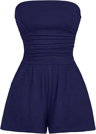 AUXDIO Women Summer Casual Strapless Romper Sleeveless Off Shoulder Short Jumpsuit