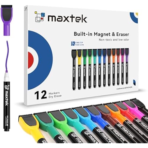 maxtek Magnetic Whiteboard Markers - 12 Count Colorful Fine Tip Dry Erase Markers with Eraser for Kids, Low Odor Thin Markers for Calendar Boards