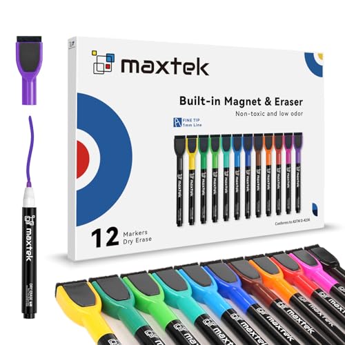 maxtek Magnetic Dry Erase Markers with Eraser - 12 Count Colorful Fine Tip Whiteboard Markers for Kids, Low Odor Whiteboard Markers for Calendar Boards White Board