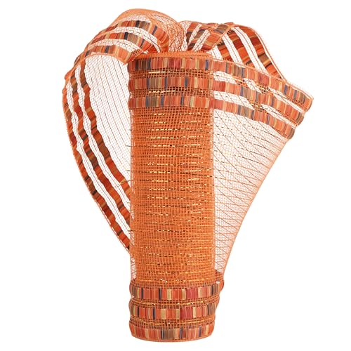HUIHUANG Fall Deco Mesh 10 inch Wide Metallic Orange Mesh Ribbon Roll with Fall Print Decorative Poly Mesh for Fall Wreath Supplies, Swags, Garland, Thanksgiving Decor, Tree Decor-10 Yards