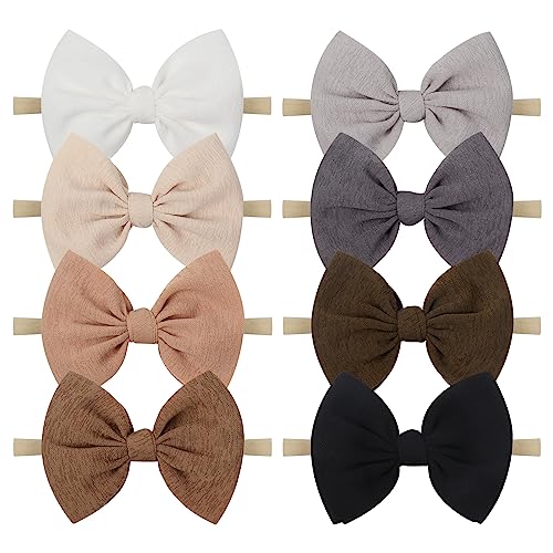 Lanmerry Big Bows Hairbands, 8 PCS Handmade Baby Girl Headbands with Bows, Stretchy Nylon Newborn Toddler Hairbands, Tan