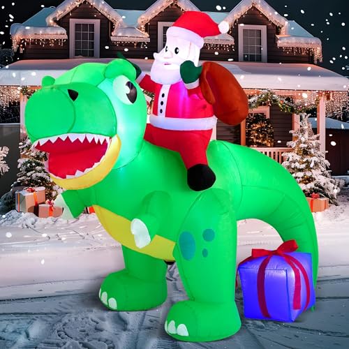 Joiedomi 6 FT Long Christmas Inflatable Dinosaur Outdoor Decoration, Inflatable Santa Riding Dinosaur with Build-in LEDs, Christmas Blow Up Yard Decoration for Xmas Party Garden Lawn Winter Decor