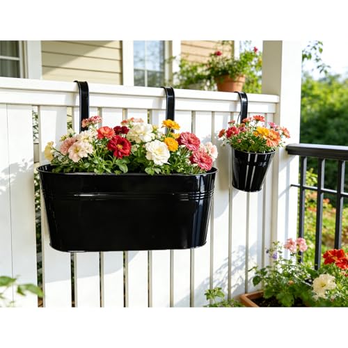 Joyfernal Set of 8 Outdoor Metal Railing Planters Box - 4 Pcs 5.12" Round Balcony Hanging Planter & 4 Pcs 17" Oval Fence Pot with Detachable Hooks Drainage, Black by Joyfernal - Image 5